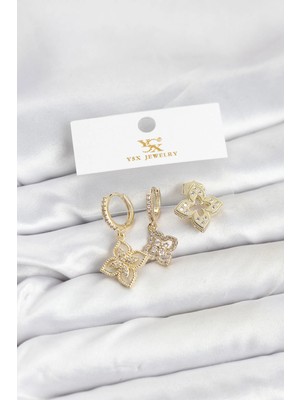 Aylina Mey Ithalat® Pirinç Gold Renk Yonca Model Ysx Trio Küpe Seti