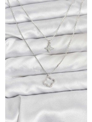 Aylina Mey Ithalat® Pirinç Gümüş Renk Yonca Model 2'li Kadın Kolye