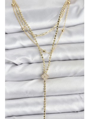 Aylina Mey Ithalat® Pirinç Gold Renk Zirkon Taşlı Yonca Model Detaylı 3'lü Kombin Y Kadın Kolye