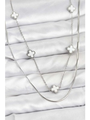 Aylina Mey Ithalat® 316L Çelik Zincir Gümüş Renk Italyan Zincirli Yonca Model Kadın Kolye