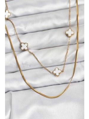 Aylina Mey Ithalat® 316L Çelik Zincir Gold Renk Italyan Zincirli Yonca Model Kadın Kolye