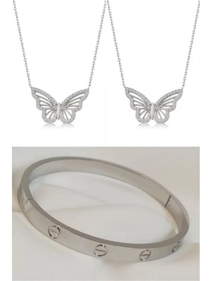 Sinerjim 2'li Set - Zirkon Taşlı Kelebek Bayan Çelik Kolye, Kartier Alaşım Bileklik Gümüş Renk SNJ-SET1007