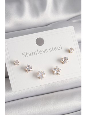 Aylina Mey Ithalat® 316L Çelik Gold Renk Zirkon Taşlı Yıldız Model Kadın Küpe Seti