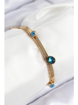 Aylina Mey Ithalat® 316L Çelik Nazar Boncuk Detaylı Mavi Zirkon Taşlı Model Italyan Zincir Gold Renk Kadın Bileklik