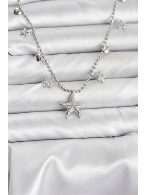 Aylina Mey Ithalat® Pirinç Gümüş Renk Zirkon Taşlı Deniz Yıldızı Model Kadın Kolye