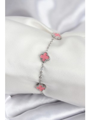 Aylina Mey Ithalat® 316L Çelik Gümüş Renk Pembe Baby Boy Yonca Kadın Bileklik
