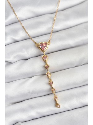 Aylina Mey Ithalat® 316L Çelik Zincir Gold Renk Pembe Kalp Kadın Kolye