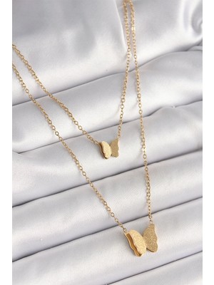 Aylina Mey Ithalat® 316L Çelik Gold Renk 2'li Simli Kelebek Model Kadın Kolye