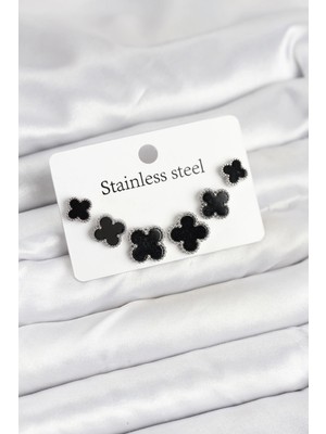 Aylina Mey Ithalat® 316L Çelik Gümüş Siyah Renk 3 Boy Yonca Küpe Seti