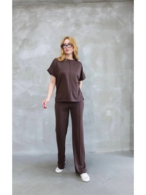 Glam Love Osy Modal Yumuşak Dokulu Kumaş Bisiklet Yaka Kısa Kollu Takım - Kahverengi