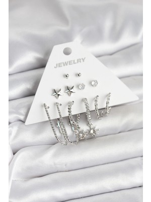 Aylina Mey Ithalat® Pirinç Gümüş Renk Küpe Seti 6'lı