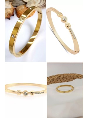 Sinerjim 2'li Set - Alaşım Kartier Taşlı Bileklik Gold, Altın Renk Büyük Taşlı Bileklik SNJ-SET1004