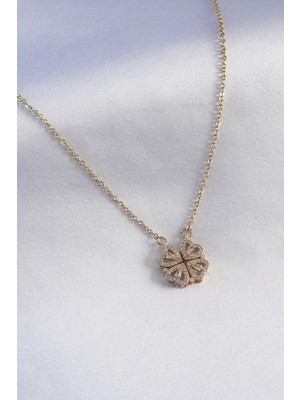 Aylina Mey Ithalat® 316L Çelik Gold Renk Açılır Zirkon Taşlı Yonca Model Kadın Kolye