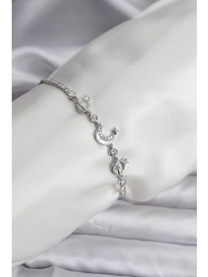 Aylina Mey Ithalat® Charmlı Model Zirkon Taşlı Gümüş Renk Su Yolu Kadın Bileklik