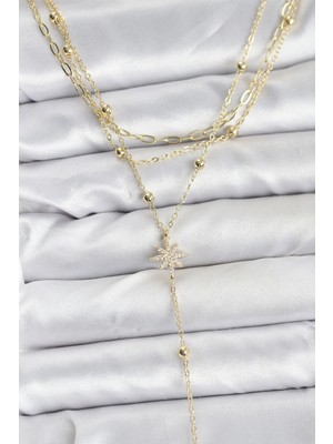 Aylina Mey Ithalat® Pirinç Gold Renk Kutup Yıldızı Detaylı 3'lü Kombin Kadın Kolye