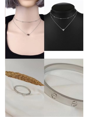 Sinerjim 2'li Set - Gümüş Renk Top Zincir Kalp Kolye, Kartier Alaşım Bileklik Gümüş Renk SNJ-SET1008