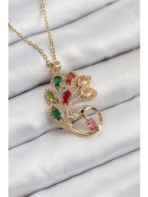 Aylina Mey Ithalat® 316L Çelik Zirkon Taşlı Tavus Kuşu Model Gold Renk Kadın Kolye