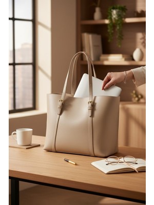 Rafiel Kadın Bej Deri Omuz Çantası - Şık Günlük Kol Çantası - Büyük Boy Tote Bag