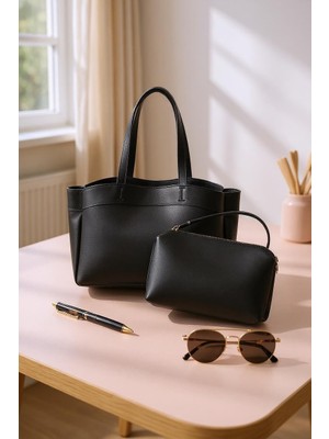 Rafiel Kadın Siyah Suni Deri Kol Çantası ve Portföy Çanta Seti (2'li Set)