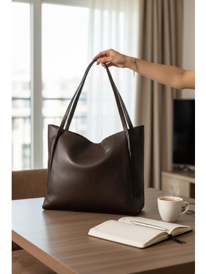 Rafiel Kadın Koyu Kahverengi Suni Deri Omuz Çantası - Büyük Boy Tote Çanta