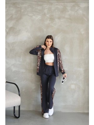 Glam Love Osy Modal Yumuşak Dokulu Kumaş Kapüşonlu Leopar Desenli Fermuarlı Takım - Antrasit
