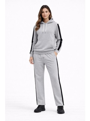 Glam Love Yandan Şeritli Eşofman Takım Kapüşonlu Sweatshirt Boru Paça Alt, Oversize 3 Iplik Pamuklu - Gri