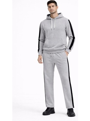 Glam Love Şeritli Eşofman Takım Kapüşonlu Sweatshirt Boru Paça Alt, Oversize 3 Iplik Pamuklu - Gri