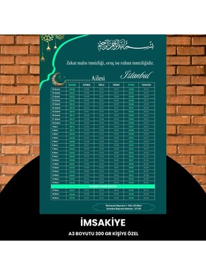 Epilons Ramazan Imsakiyesi - 300 gr - A3 Boyut Kişiye Özel Isimli & Logolu 1 Adet Yeşil-Turkuaz