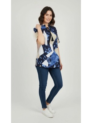 Glam Love Kadın Desenli Püsküllü Viskon Bluz Bebe Yaka Kısa Kollu Big Size Rahat Kesim - Desenli