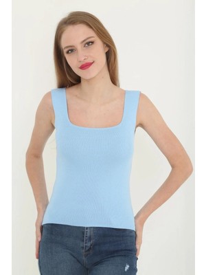 Glam Love Kadın Kare Yaka Detay Crop - Mavi