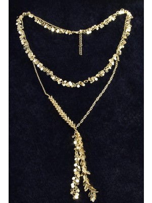 Zero Land Snmswrld Pullu Zirkon Taşlı Lüks Ikili Çelik Kolye - Sarı