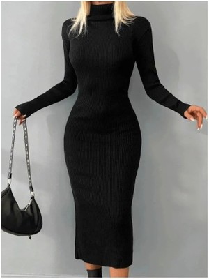 Modatıkla Kadın Balıkçı Yaka Fitilli Triko Kalem Elbise