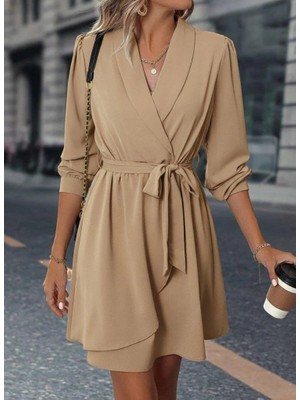Modatıkla Kadın Uzun Kollu Kruvaze Yakalı Belden Kuşaklı Mini Çift Katlı Ithal Krep Elbise