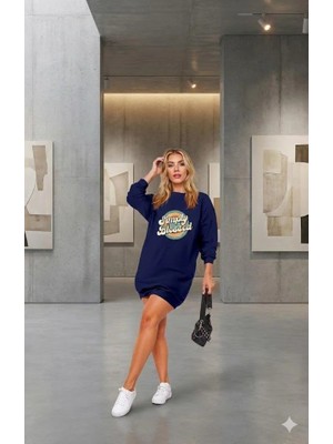 Modatıkla Kadın Uzun Kollu Bisiklet Yaka Yazılı Viskon Iki Iplik Elbise