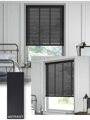 YS Perde Tasarım Wooden Blinds %100 Doğal Ahşap Jaluzi Perde , 50MM Alüminyum Kasalı Yüksek Kaliteli - Antrasit Kurdelalı WOODX/W320
