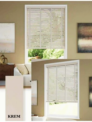 YS Perde Tasarım Wooden Blinds %100 Doğal Ahşap Jaluzi Perde , 50MM Alüminyum Kasalı Yüksek Kaliteli - Krem Kurdelalı WBKREM/J204