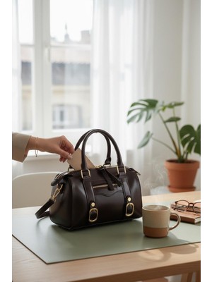Rafiel Koyu Kahve Hakiki Deri Görünümlü Retro El Çantası - Fermuarlı Günlük Çanta