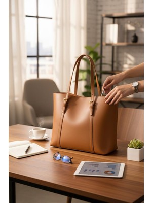 Rafiel Taba Hakiki Deri Görünümlü Büyük Tote Çanta - Omuz Askılı Günlük Kadın Kol Çantası