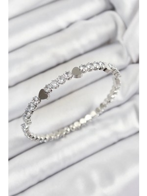 Aylina Mey Ithalat® Pirinç Zirkon Taşlı Kalp Model Gümüş Renk Yaylı Kadın Bileklik