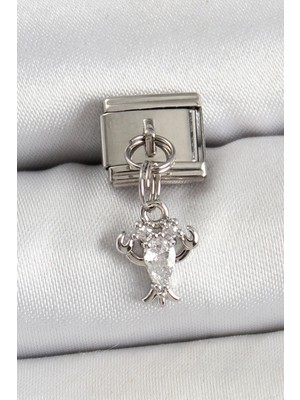 Aylina Mey Ithalat® 316L Çelik Sallantılı Zirkon Taşlı Yengeç Model Gümüş Renk Nomination Charm