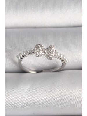 Aylina Mey Ithalat® Pirinç Gümüş Renk Zirkon Taşlı Fiyonk Inci Detay Ayarlanabilir Yüzük