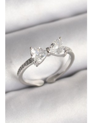 Aylina Mey Ithalat® Pirinç Gümüş Renk Zirkon Taşlı Kalp Fiyonk Model Kadın Yüzük