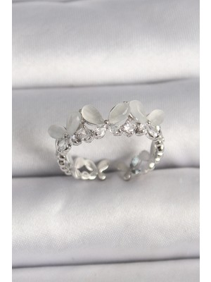 Aylina Mey Ithalat® Pirinç Gümüş Renk Zirkon Taşlı Beyaz Mineli Kelebek Model Ayarlanabilir Yüzük