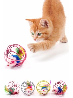 Braventa Collection Buffer Peluş Fareli Kedi Köpek Oyuncağı - Oyun Topu, Metal Kafesli, Renkli, 6 cm