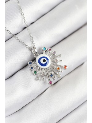 Aylina Mey Ithalat® 316L Çelik Zirkon Taşlı Nazar Model Gümüş Renk Kadın Kolye