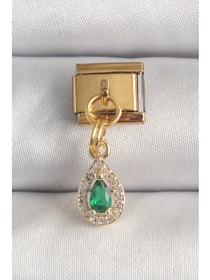 Aylina Mey Ithalat® 316L Çelik Gold Renk Sallantı Damla Yeşil Zirkon Taşlı Nomination Charm