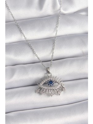 Aylina Mey Ithalat® 316L Çelik Gümüş Renk Zincir Zirkon Taşlı Göz Model Kadın Kolye