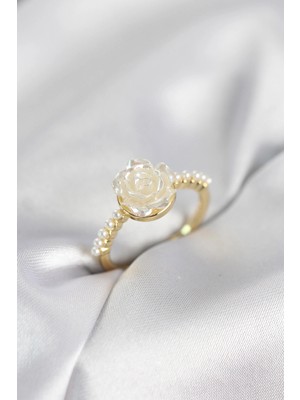 Aylina Mey Ithalat® Gold Renk Gül Model Incili Kadın Yüzük