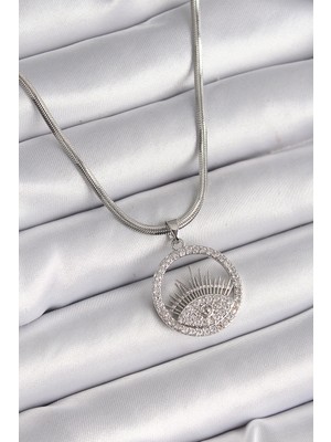 Aylina Mey Ithalat® 316L Çelik Gümüş Renk Italyan Zincir Zirkon Taşlı Göz Model Kadın Kolye