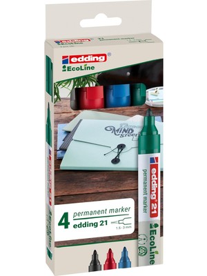 Hype Store Edding 21 Ecoline Permanent Markör, 4'lü Set, Karışık Renkler, Yuvarlak Uç, Yeniden Doldurulabilir